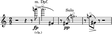 \relative c'''' {
\clef treble \override Staff.TimeSignature.style = #'numbered \time 2/2
\set Score.tempoHideNote = ##t \tempo 2 = 50 \accidentalStyle dodecaphonic
\set Staff.midiInstrument = "string ensemble 1"
r2 r4 r8 a8^"m. Dpf."^\flageolet_\markup { \tiny (vla.) }\fp~( | a2.^\flageolet fis,,4) \set Staff.midiInstrument = #"viola" | r8 fis8^"Solo"\pp( g'2.)^\flageolet | r8 g8^\flageolet(\> gis,8) \! r8 r2 |
}