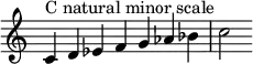  { 
\override Score.TimeSignature #'stencil = ##f
\relative c' { 
  \clef treble \time 7/4
  c4^\markup { C natural minor scale } d es f g aes bes c2
   }
}
