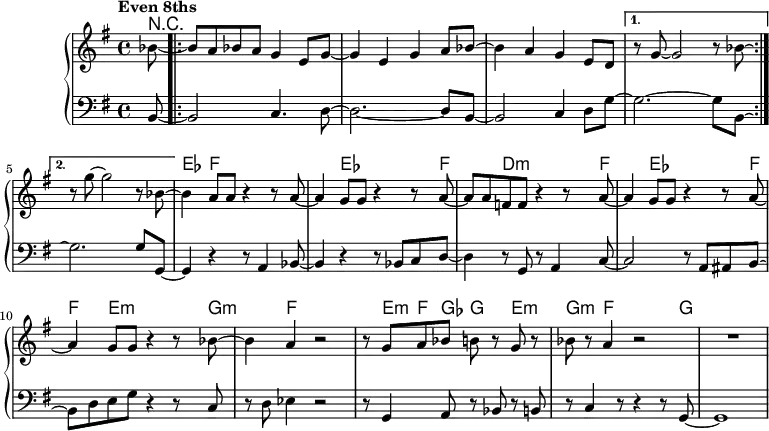 \version "2.22.0"
\header { tagline = "" }
global = {
\time 4/4
\key g \major
\set Score.tempoHideNote = ##t
\tempo "Even 8ths" 4=157
\set chordChanges = ##t
\partial 8
}
chordNames = \transpose c c, \chordmode {
\global
r8 |
\repeat volta 2 { R1*3 | }
\alternative{
{ R1 | }
{ R1 | }
}
es4 f2~ f8 f8~ |
f4 es2~ es8 f8~ |
f4 d2:m~ d8:m f8~ |
f4 es2~ es8 f8~ |
f4 e2:m~ e8:m g8:m~ |
g4:m f2.~ |
f8 e:m f ges g4 e:m |
g4:m f2~ f8 g8~ |
g1 |
}
right = \relative c'' {
\global
bes8~ |
\repeat volta 2 {
bes8 a bes a g4 e8 g~ |
g4 e g a8 bes~ |
bes4 a g e8 d
}
\alternative {
{ r8 g~ g2 r8 bes8~ \laissezVibrer | }
{ r8 g'~ g2 r8 bes,8~ | }
}
bes4 a8 a r4 r8 a8~ |
a4 g8 g r4 r8 a~ |
a8 a f f r4 r8 a8~ |
a4 g8 g r4 r8 a~ |
a4 g8 g r4 r8 bes~ |
bes4 a r2 |
r8 g a bes b r g r |
bes8 r a4 r2 |
R1 |
}
left = \relative c {
\global
b8~ |
\repeat volta 2 {
b2 c4. d8~ |
d2.~ d8 b8~ |
b2 c4 d8 g~ |
}
\alternative {
{ g2.~ g8 b,8~ \laissezVibrer | }
{ g'2.\repeatTie g8 g,~ }
}
g4 r r8 a4 bes8~ |
bes4 r r8 bes c d~ |
d4 r8 g, r a4 c8~ |
c2 r8 a ais b~ |
b8 d e g r4 r8 c, |
r8 d es4 r2 |
r8 g,4 a8 r bes r b |
r8 c4 r8 r4 r8 g8~ |
g1 |
}
\score {
\new PianoStaff <<
\new ChordNames \chordNames
\new Staff = "right" { \global \right }
\new Staff = "left" { \global \clef bass \left }
>>
\layout { }
}
\score {
\unfoldRepeats
\new PianoStaff <<
\new ChordNames \chordNames
\new Staff = "right" { \global \right }
\new Staff = "left" { \global \clef bass \left }
>>
\midi { }
}