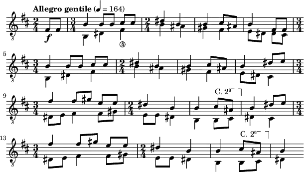 \header { tagline = "" }
foo = \relative c \new Staff {
\key d \major \time 2/4 \clef "treble_8"
\set Staff.midiInstrument = "acoustic guitar (nylon)"
\overrideTimeSignatureSettings
3/4 % timeSignatureFraction
1/4 % baseMomentFraction
#'(1 1 1) % beatStructure
#'() % beamExceptions
\tempo "Allegro gentile" 4 = 164
\partial 4 fis8\f fis \time 3/4
<< {
\override TextSpanner #'dash-fraction = #'()
\override TextSpanner #'font-shape = #'upright
\override TextSpanner #'(bound-details left text) = \markup { "C. 2ª" }
\override TextSpanner #'(bound-details right text) = \markup { \draw-line #'(0 . -2) }
\override TextSpanner #'(bound-details right padding) = #-3
\override TextSpanner #'(bound-details left stencil-align-dir-y) = #0.8
b4 b8 b cis cis | \time 2/4 dis4 b | b cis8 ais | b4
fis8 fis | \break \time 3/4 b4 b8 b cis cis | \time 2/4 dis4 b | b cis8 ais | b4
dis8 e | \break \time 3/4 fis4 fis8 gis e e | \time 2/4 dis4 b | b cis8 \startTextSpan ais \stopTextSpan | b4
dis8 e | \break \time 3/4 fis4 fis8 gis e e | \time 2/4 dis4 b | b cis8 \startTextSpan ais \stopTextSpan | b4
} \\ {
b,4 dis fis_\4 | b ais | gis fis | e8 dis
dis cis | b4 dis fis | b ais | gis fis | e8 dis
cis4 | dis8 e fis4 fis8 gis | e e dis4 | b b8 cis | dis4
cis4 | dis8 e fis4 fis8 gis | e e dis4 | b b8 cis | dis4
} >>
}
\score {
\foo
\layout {
indent = 0\cm
line-width = #150
}
\midi {}
}