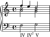 {
\override Score.SpacingSpanner.strict-note-spacing = ##t
\set Score.proportionalNotationDuration = #(ly:make-moment 1/6)
\new PianoStaff <<
\new Staff <<
\new Voice \relative c'' {
\stemUp \clef treble \key c \major \time 4/4
f4 e d2
}
\new Voice \relative c'' {
\stemDown
<a c>2 <g b>
}
>>
\new Staff <<
\relative c {
\clef bass \key c \major \time 4/4
f2_\markup { \concat { "IV" \hspace #1 "IV" \super \column { "7" } \hspace #1 "V" } }
g
}
>>
>> }