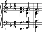 \new PianoStaff <<
\new Staff <<
\new Voice \relative c'' {
\stemUp \clef treble \key f \major \time 6/8
a4. g f
}
\new Voice \relative c' {
\stemDown
<c f>4. <bes e> <a c>
}
>>
\new Staff <<
\new Voice \relative c,, {
\clef "bass_8" \key f \major \time 6/8
<f f'>4. <g g'> <a a'>
}
>>
>>