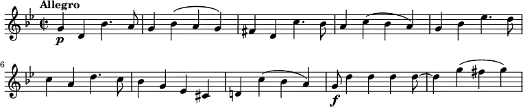 \relative c'' {
\key bes \major
\set Score.tempoHideNote = ##t \tempo "Allegro" 4 = 140
\time 2/2
g4 \p d bes'4. a8
g4 bes (a g)
fis d c'4. bes8
a4 c (bes a)
g bes ees4. d8
c4 a d4. c8
bes4 g ees cis
d! c' (bes a)
g8\f d'4 d d d8~ d4 g (fis g)
}