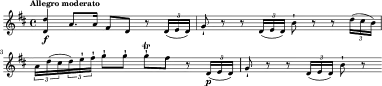 \relative c' {
\key d \major
\time 4/4
\tempo "Allegro moderato"
\tempo 4 = 70
<d d'>4\f a'8. a16 fis8 d r8 \tuplet 3/2 {d16 (e d)}
g8-! r8 r8 \tuplet 3/2 {d16 (e d)} b'8-! r8 r8 \tuplet 3/2 {d16 (cis b)}
\tuplet 3/2 {a16 d (cis} \tuplet 3/2 {d) e-! fis-!} g8-! g-! g-! \trill fis r8
\tuplet 3/2 {d,16\p (e d)} g8-! r8 r8 \tuplet 3/2 {d16 (e d)} b'8-! r8
}