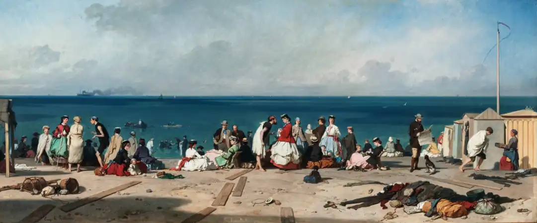 Les Bains de Mer, Plage d’Étretat (Sea Bathing, the Beach at Étretat), 1864, private collection. Figures identified in the painting include Guy de Maupassant (in blue cap at left), Charles Landelle (in red cap, center), and Bertall (reading newspaper at right). The rediscovered "lost" painting was auctioned at Sotheby's in Paris, 3 December 2020, for €226,800, a record for a work by Lepoittevin.[34]