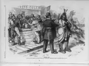 1871 Nast cartoon: "Move on! Has the Native American no rights that the naturalized American is bound to respect?" An ironic cartoon showing naturalized foreigners had the vote, while native born Native Americans had no vote, as they were not considered United States citizens, which was not remedied until 1924.