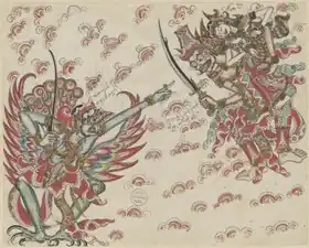 Scene from Ramayana, Jatayu fighting Ravana who is abducting Sita, by I Ketut Gedé