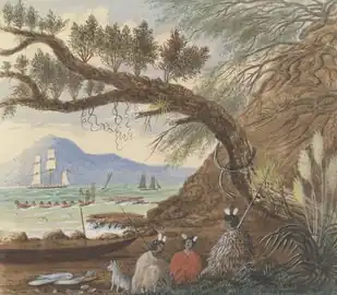 View near Auckland: Three Maoris and a Dog (1860) Artist: Charles Emilius Gold